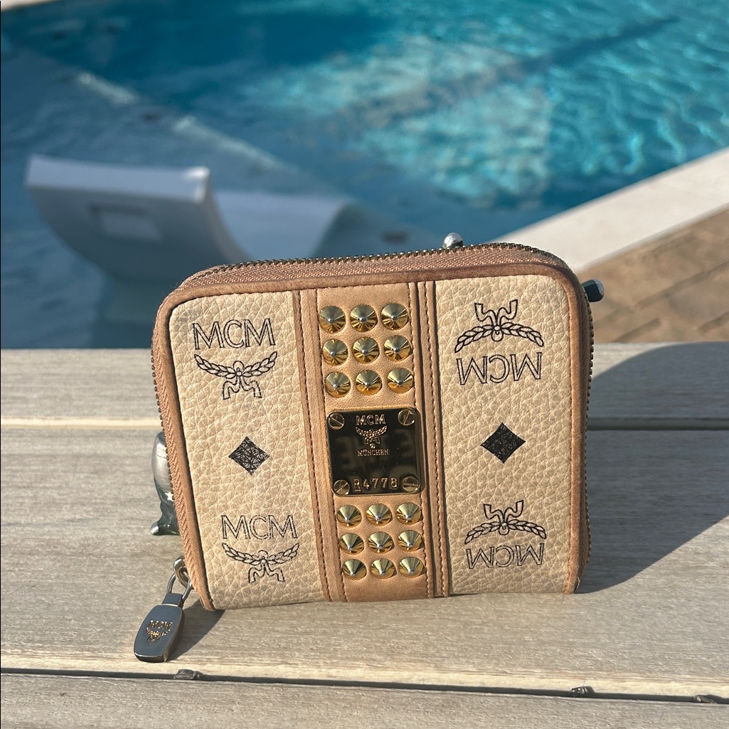 Mcm Gold Studded Zip Around Compact Wallet